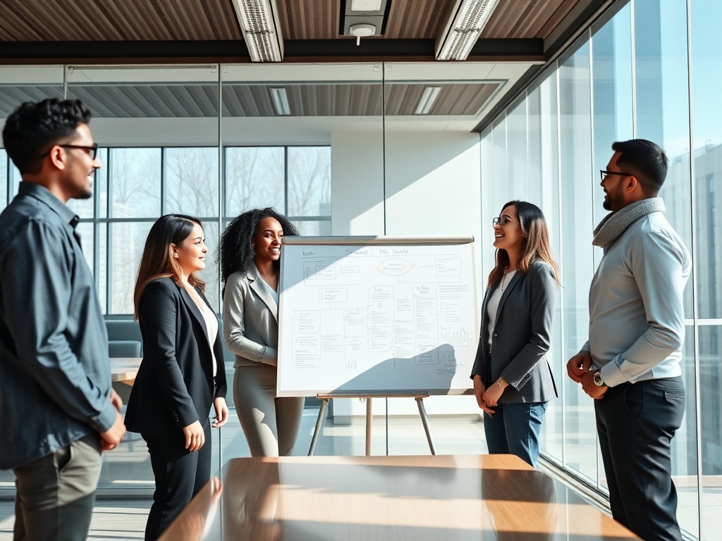Diverse team of five in a modern glass boardroom, standing around a whiteboard covered in flowcharts, natural light streaming through floor-to-ceiling windows, candid laughter, professional attire. 8k, photorealistic, cinematic.